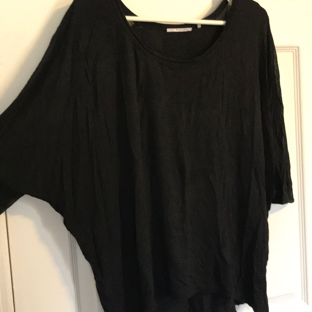 short-sleeve top, bat wing, sheer sleeves.